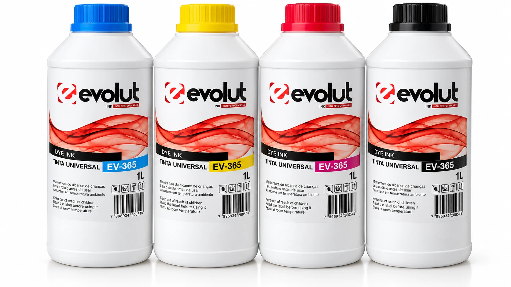 Frascos de tinta Evolut EV-365 de 1 litro nas cores preto, ciano, magenta e amarelo