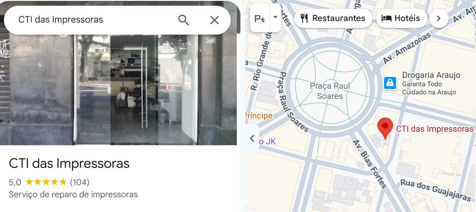 Perfil da CTI das Impressoras no Google, com nota 5,0 e mais de 100 avaliações de clientes em Belo Horizonte