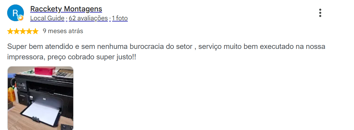 Print de avaliação de Rackety Montagens no Google sobre atendimento, conserto de impressora e preço justo